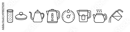 Outline icons of kitchen kettles and teapots: diverse styles and designs