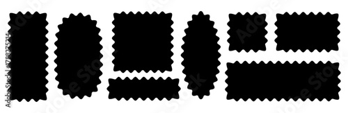 A set of black decorative tags and labels with jagged, wavy, and rough edges. Vector irregularly shaped frames, coupons, stamp frames, and flat design elements isolated on a white background.