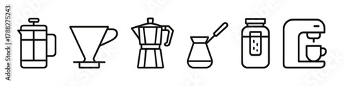 Outline icons of coffee brewing methods: french press, pour over, moka pot, turkish pot, instant coffee, espresso machine