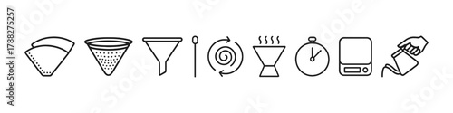Coffee brewing icons: filters, funnels, scales, and timers for aromatic perfection