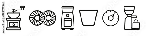 Line art icons of coffee grinder, spiral filters, coffee machine, cup, gauge
