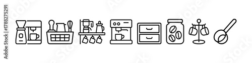 Outline coffee making icons: beans, brewing, equipment, mug rack