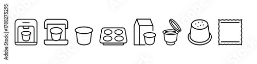 Line art icons of coffee maker, yogurt cup, milk, muffin tray, spice jar, packet
