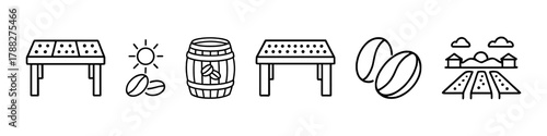 Coffee production icons: drying tables, sun, beans, barrel, plantation