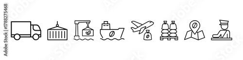 Logistics icons: truck, crane, ship, airplane, cargo, map, officer