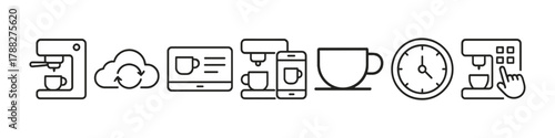 Coffee machine icons: cloud sync, cup designs, time display, touchscreen interface