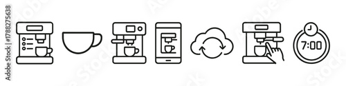 Smart coffee machine icons with cup and timer illustrations in minimalist style
