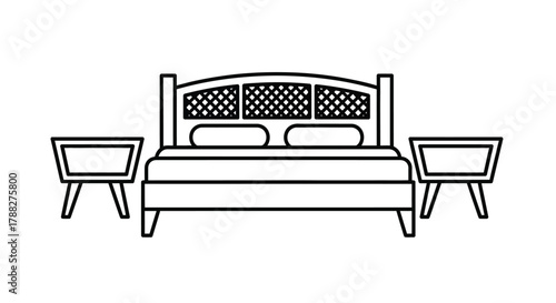 Simple line drawing of a bed with two bedside tables