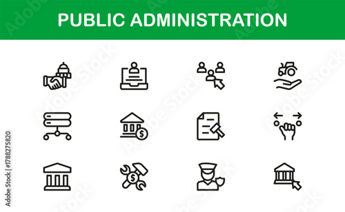 Public Administration Creative Icon Set. Bright, engaging icons for civic services, government operations, and public policy management tools.
