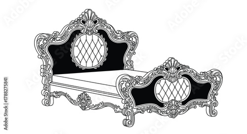 An ornate black and white illustration of a decorative chaise lounge