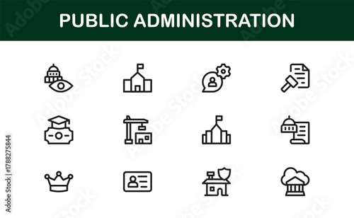 Public Administration Bold Icon Set. Strong, prominent icons for government offices, public services, and administrative workflows.

