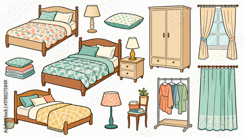 A collection of bedroom supplies, featuring cartoon hand-drawn vector illustrations, including beds, quilts, pillows, dressing tables, table lamps and bedside tables