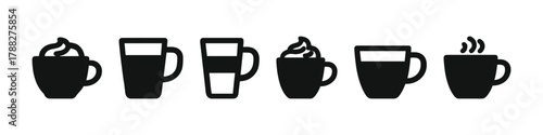 Set of six coffee mug icons in various simple black silhouettes