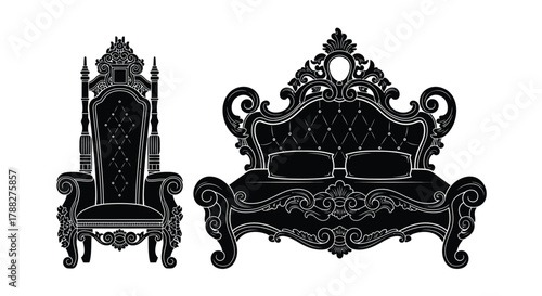 Elegant black ornate throne chair and sofa design with detailed carvings