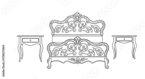 Elegant bedroom furniture set featuring ornate bed and matching nightstands