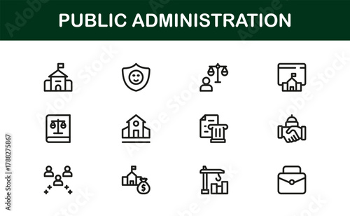 Public Administration Thin Icon Set. Lightweight, precise icons for government operations, office applications, and public service management tools.
