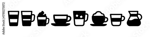 Collection of various coffee cup silhouettes in black and white
