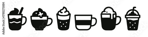 Collection of coffee mug icons with various toppings and styles