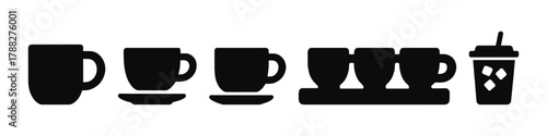 Silhouette of coffee and tea cups with to-go cup