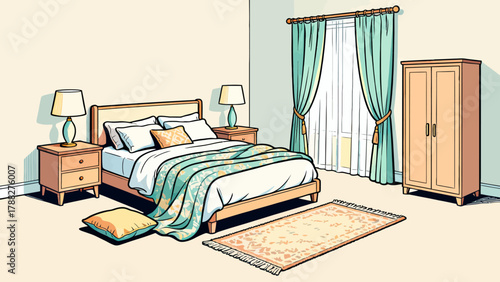 A collection of bedroom supplies, featuring cartoon hand-drawn vector illustrations, including beds, quilts, pillows, dressing tables, table lamps and bedside tables