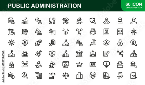 Public Administration Line Icon Set. Modern, professional icons illustrating government services, administrative workflow, and civic management tools.
