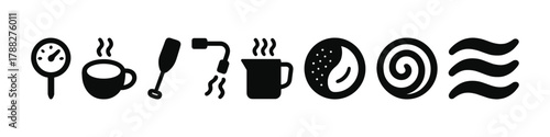 Coffee preparation icons: mirror, cup, frother, kettle, mug, latte art, swirl, steam