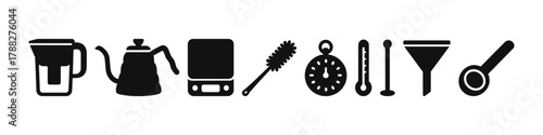 Essential coffee brewing tools: kettle, scale, timer, thermometer, filter, scoop icons