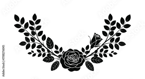 Elegant black and white floral wreath design with a central rose bloom