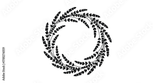 A black and white illustration of a circular wreath made of lavender sprigs