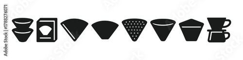 Various coffee filter types silhouette icons in a row