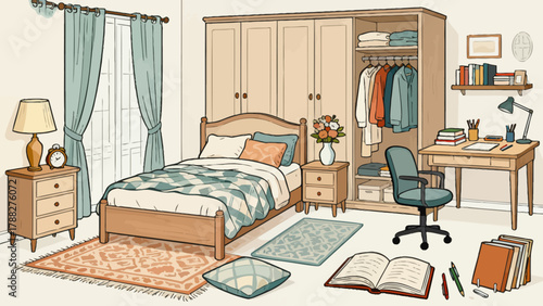 A collection of bedroom supplies, featuring cartoon hand-drawn vector illustrations, including beds, quilts, pillows, dressing tables, table lamps and bedside tables