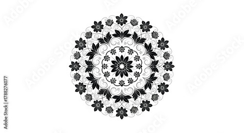 Intricate black and white floral mandala design with a detailed central pattern