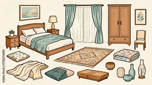 A collection of bedroom supplies, featuring cartoon hand-drawn vector illustrations, including beds, quilts, pillows, dressing tables, table lamps and bedside tables