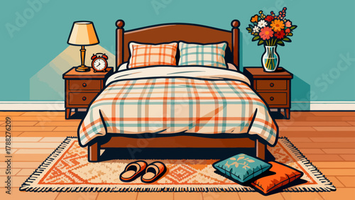 A collection of bedroom supplies, featuring cartoon hand-drawn vector illustrations, including beds, quilts, pillows, dressing tables, table lamps and bedside tables