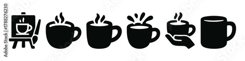 Creative coffee icons: art, steam, splash, hand-held, mug variations in black silhouette