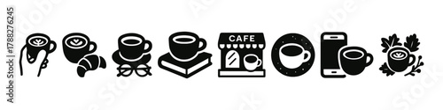 Coffee icons featuring cups croissant books cafe and smartphone