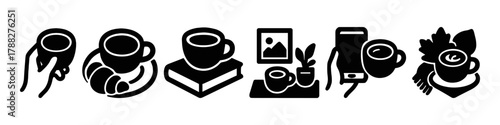 Black and white coffee cup icons with books, croissant, and plants