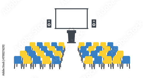 Presentation setup with projector screen podium and rows of audience seating