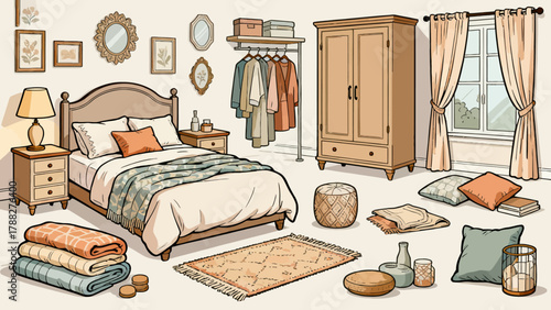 A collection of bedroom supplies, featuring cartoon hand-drawn vector illustrations, including beds, quilts, pillows, dressing tables, table lamps and bedside tables