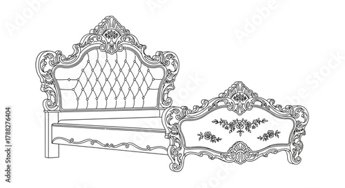 Detailed sketch of an ornate vintage bed frame with decorative headboard