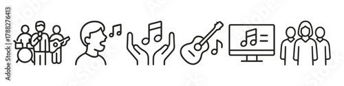 Music icons: band performance, singing, guitar, and digital streaming symbols