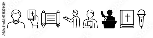 Outline icons of religious figures, bible, scroll, preaching, and microphone