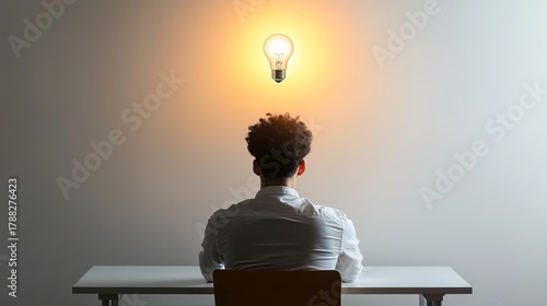Young Black man contemplating ideas under a glowing light bulb.