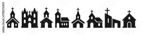 Silhouette collection of various church buildings in black