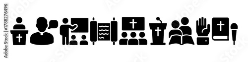 Icon set representing church activities and religious meetings with various symbols