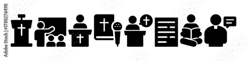 Black and white icons of christian education and worship activities
