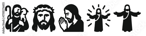 Icons of jesus in various poses: shepherd, crown, prayer, radiance, embrace