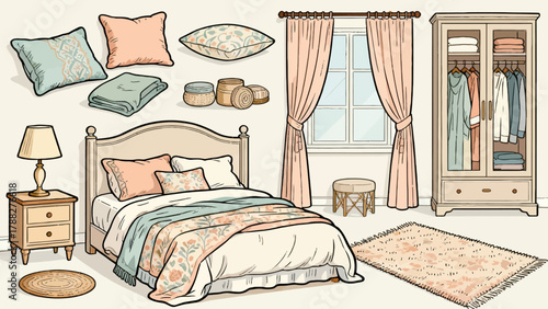 A collection of bedroom supplies, featuring cartoon hand-drawn vector illustrations, including beds, quilts, pillows, dressing tables, table lamps and bedside tables