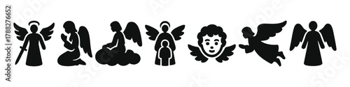 Silhouette icons of angel figures with wings and halos in various poses