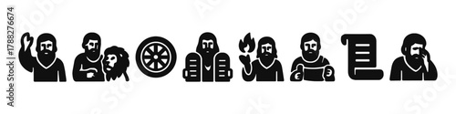 Icon set depicting biblical figures and symbols in black silhouette style
